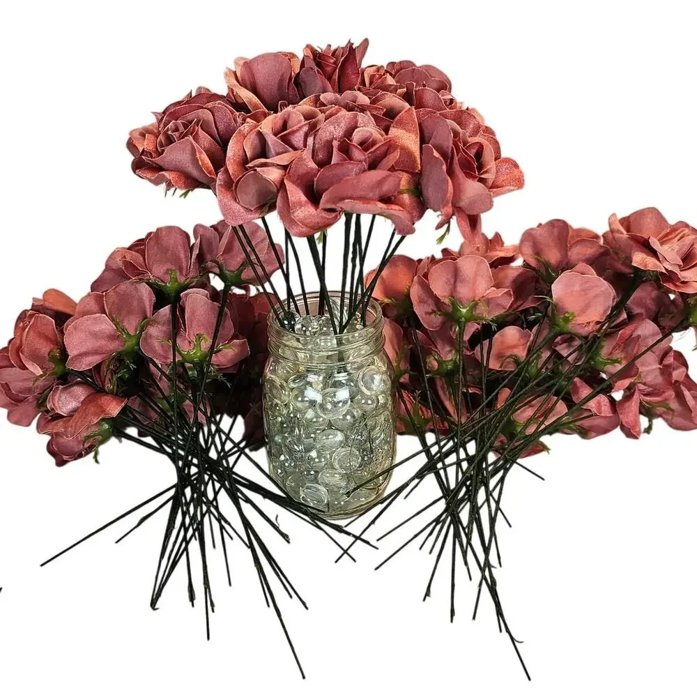 Mauve Pink Satin Open Rose Stems Artificial Flowers Wedding Craft 2.5